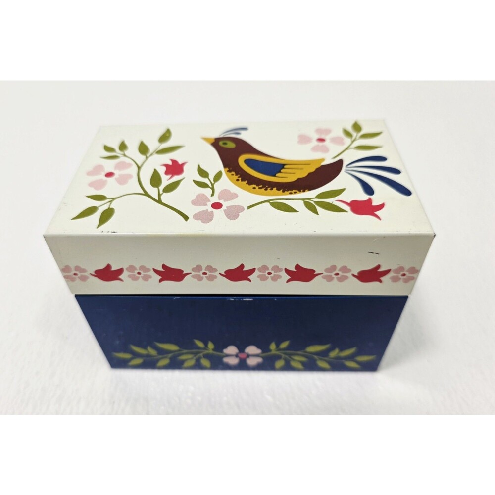Vintage Recipe Card Box Folk Art Bird Floral Tin Mid Century USA